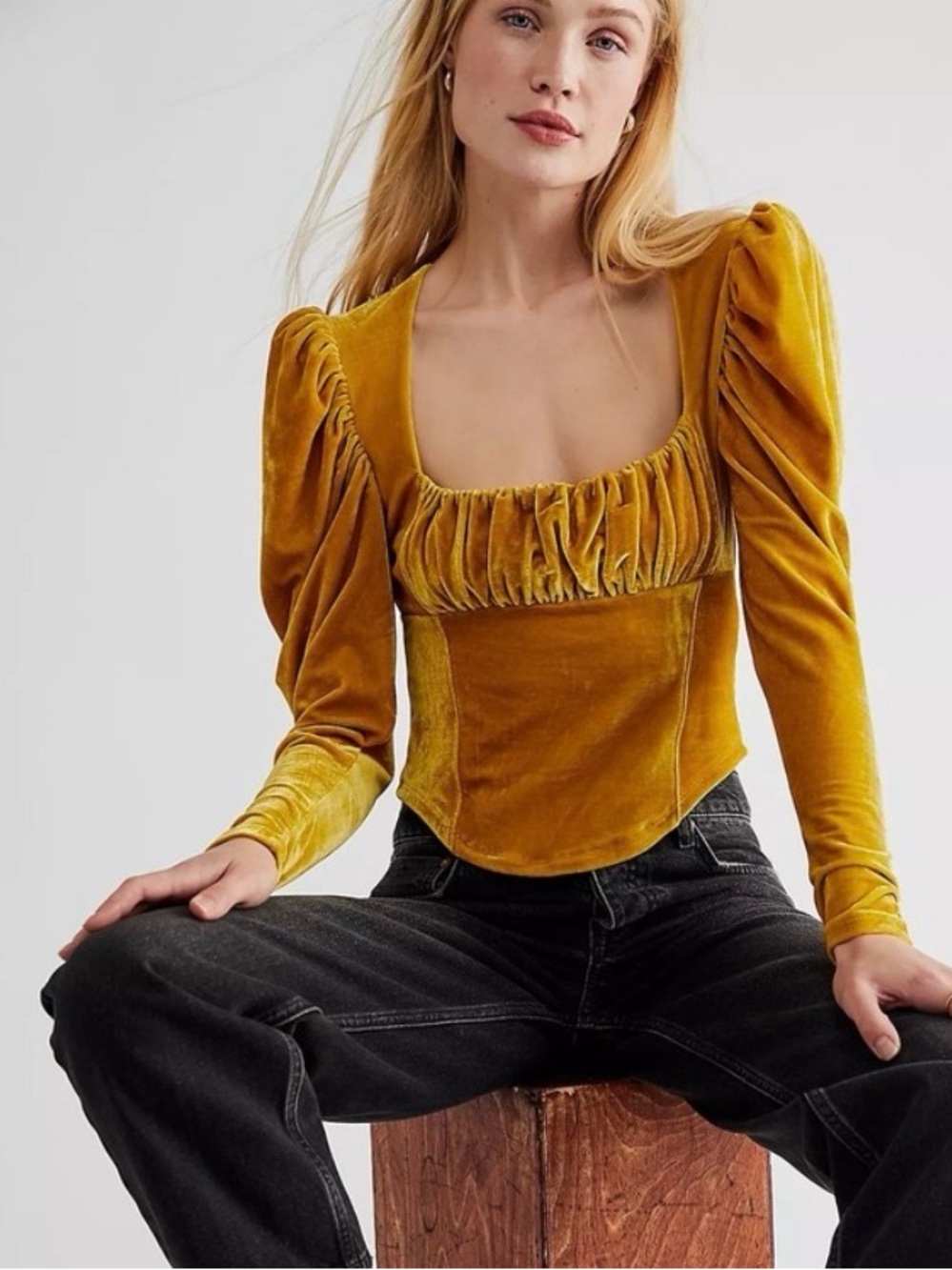 Free People Hold Me Velvet Top in Mustard Yellow. Size M